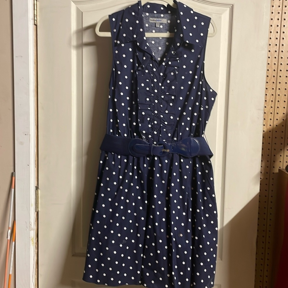 Baileyblue 2xl blue and white polkadot sleeveless dress with belt